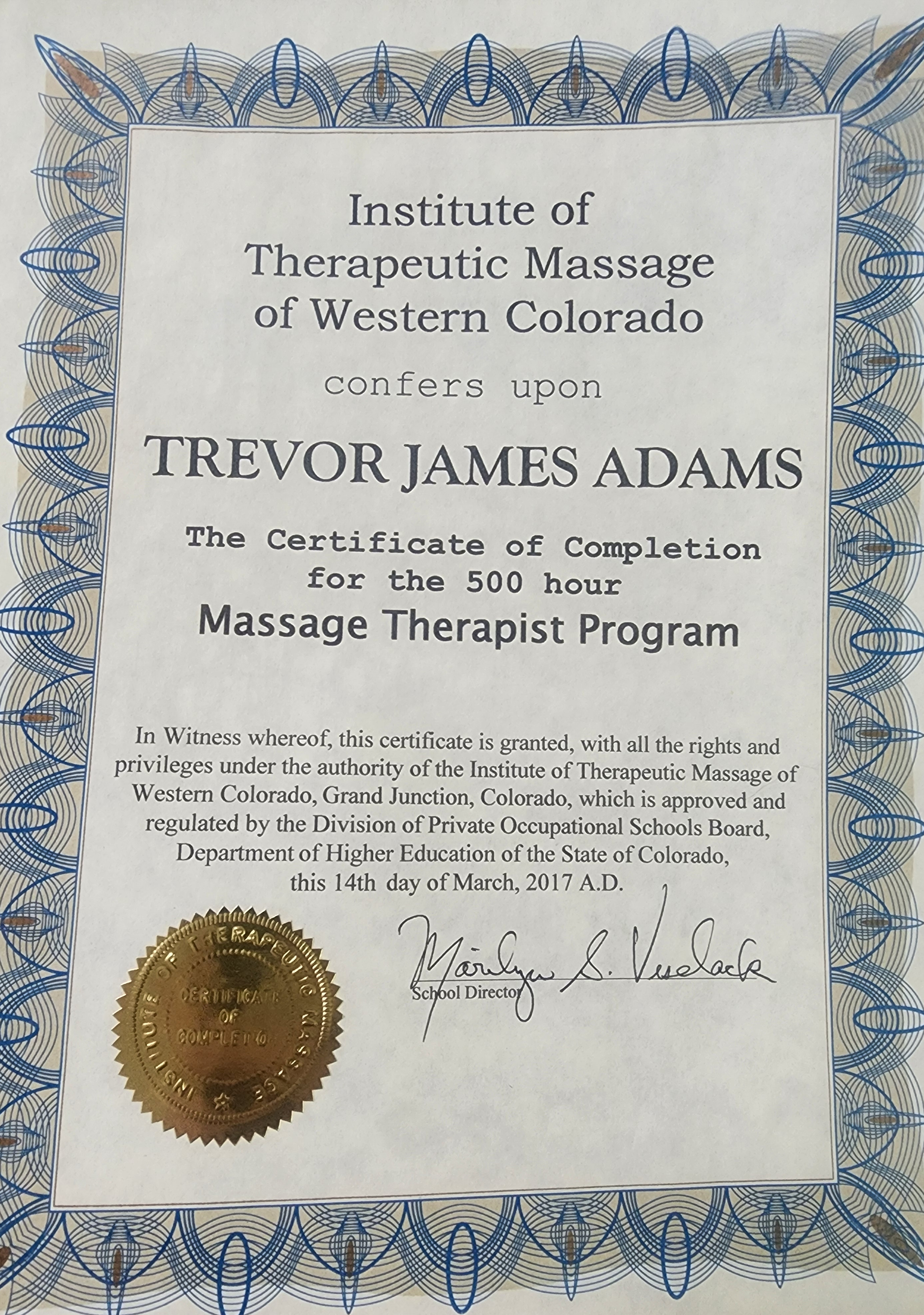 Western Colorado Institute of Massage Therapy Certificate